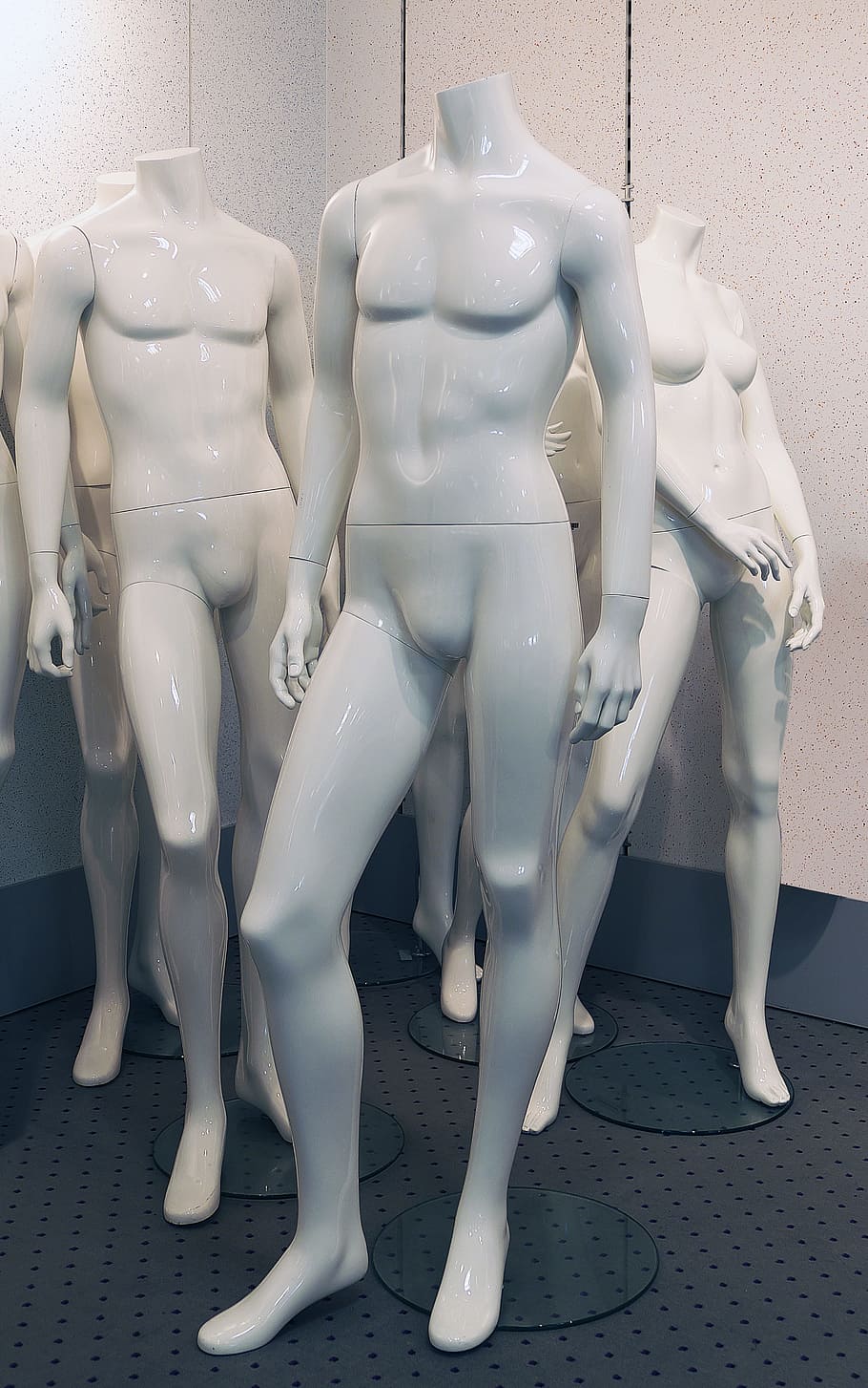mannequin, standing, display dummy, male, masculine, female, feminine, doll, advertising medium, turned off