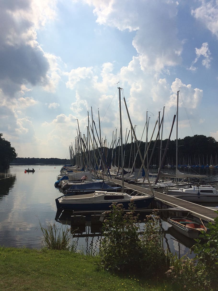 lake, harbour, boats, germany, halterner stausee, sun, clouds, vacation, nature, summer