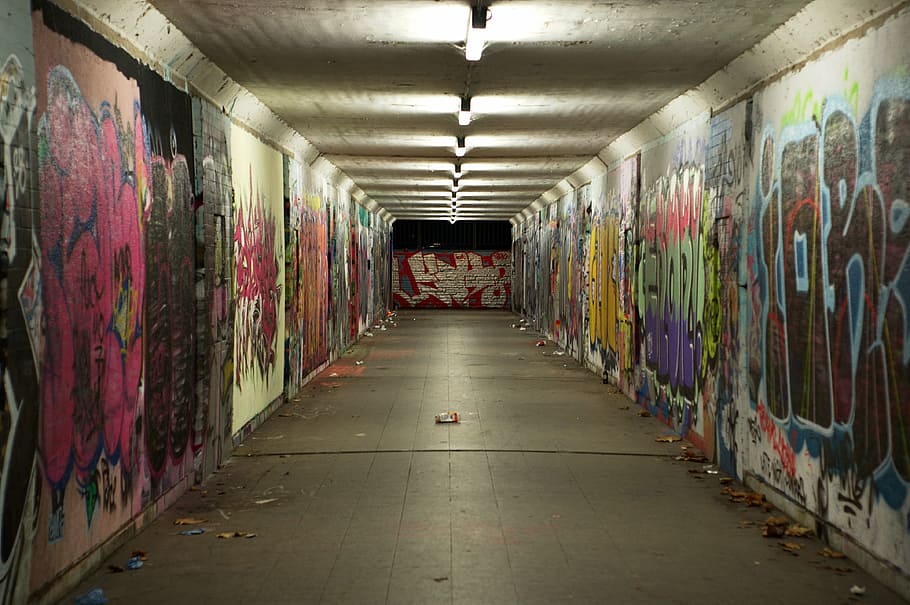 fotografía, gris, concreto, callejón, paso subterráneo, graffiti, mural, juventud, aerosol, arte