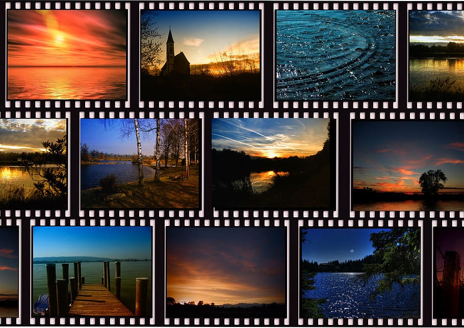 collage of photography, cinema, landscape, mood, atmosphere, projector, movie projector, demonstration, film, filmstrip