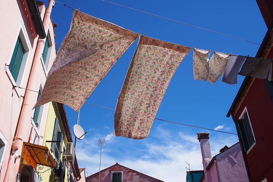 venice, laundry, murano, hanging, sky, clothesline, drying, building exterior, low angle view, architecture
