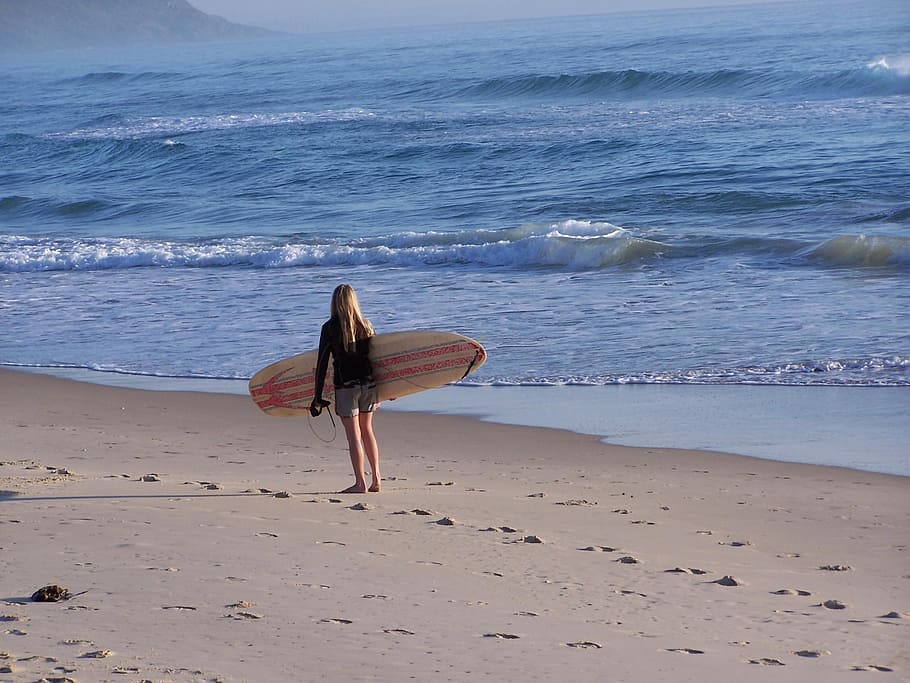 woman, carrying, surfboard, standing, shore, Beach, Surfer, Sea, Ocean, Wate