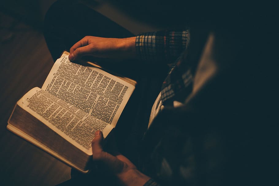 person reading book, people, man, sitting, alone, reading, holy, book, bible, dark