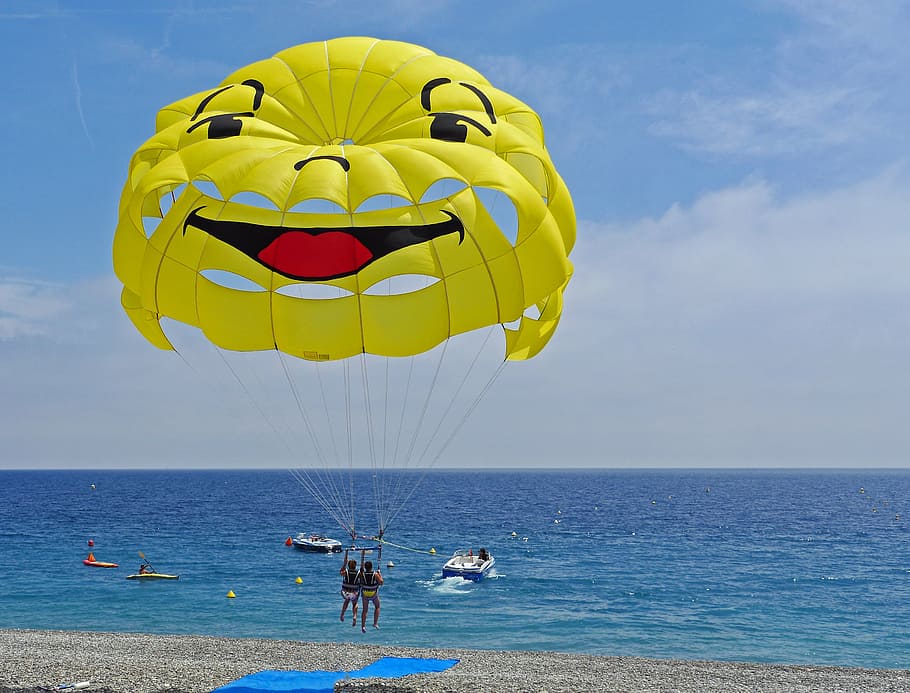 two, person, ride, parachute, body, water, parasailing, start, beach, coast