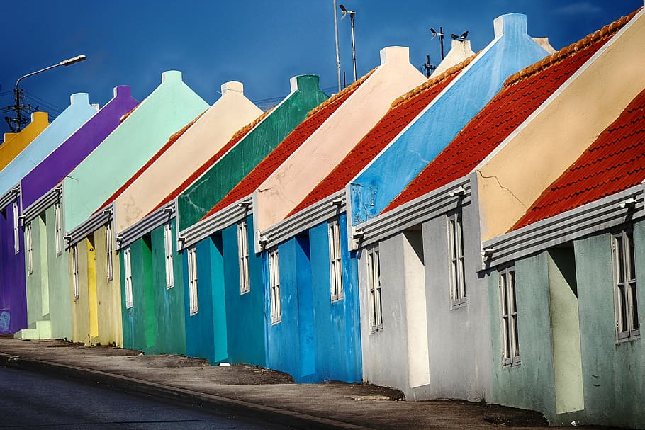 assorted-color, houses, curacao, cottage, colored, in a row, multi colored, travel destinations, outdoors, blue