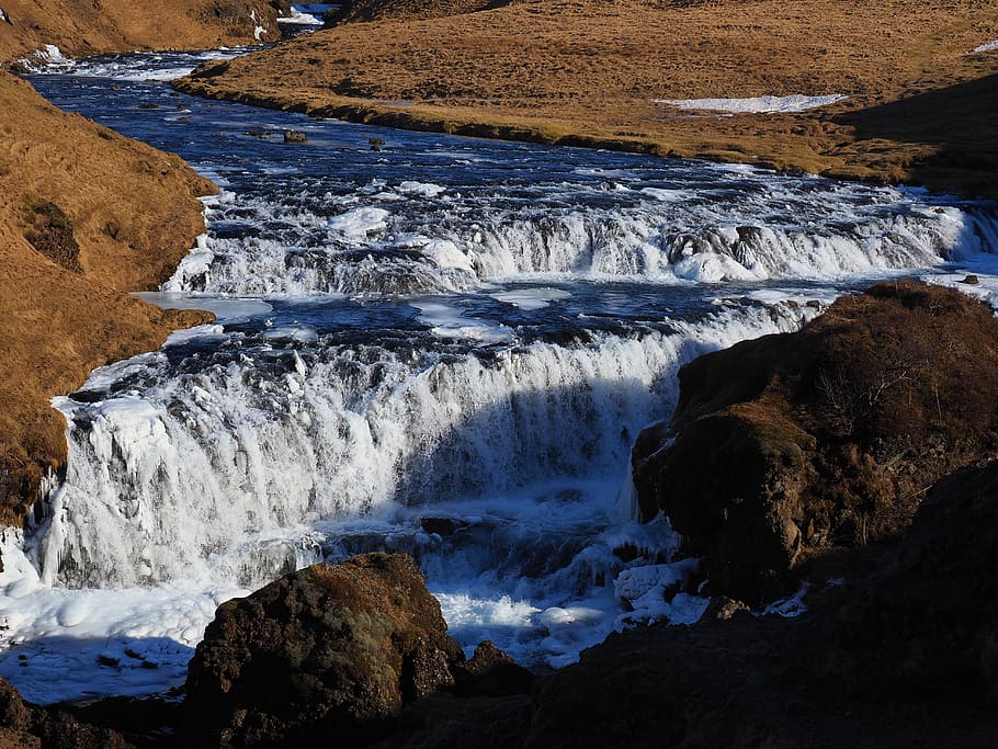skógá, waterfall, river, iceland, water, water masses, landscape, rock, rock - object, motion