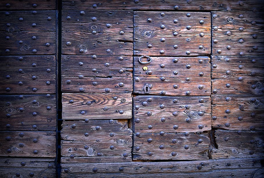 brown wooden cabinet, castle, doorknocker, goal, door, rivet, wooden beams, antique, house entrance, front door