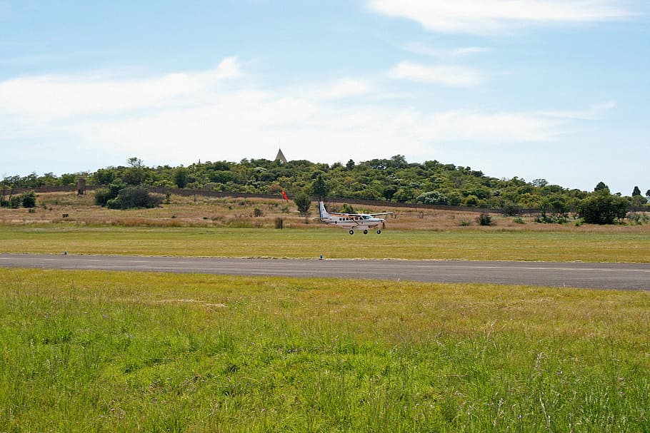 approaching aircraft, aircraft, cessna caravan, fixed wing, landing, runway, airshow, display, plant, tree