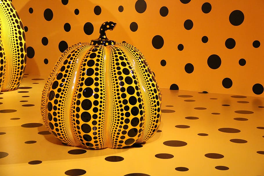 yellow, black, ceramic, gourd figurine, yayoi kusama, sculpture, plastic pumpkin, vector, backgrounds, pattern
