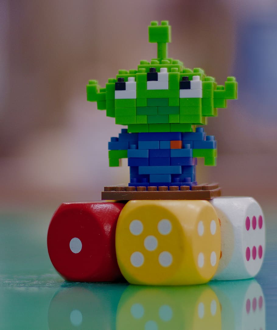 toy, dice, toy story, alien, colorful, fun, play, multi colored, stack, indoors
