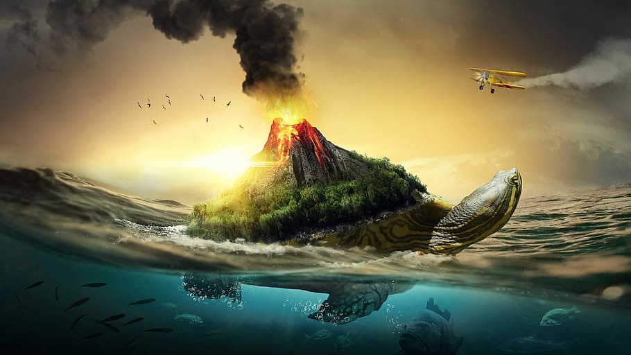 turtle island wallpaper, sea, turtle, volcano, sunset, fish, nature, beautiful, landscape, water