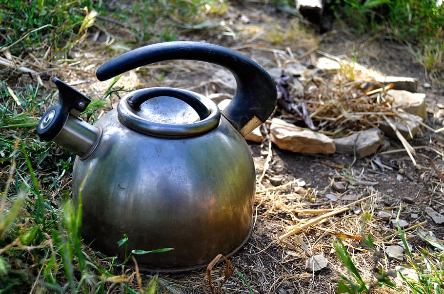 kettle, play, outdoors, kids, play kitchen, old, old kettle, toys, fire pit, children