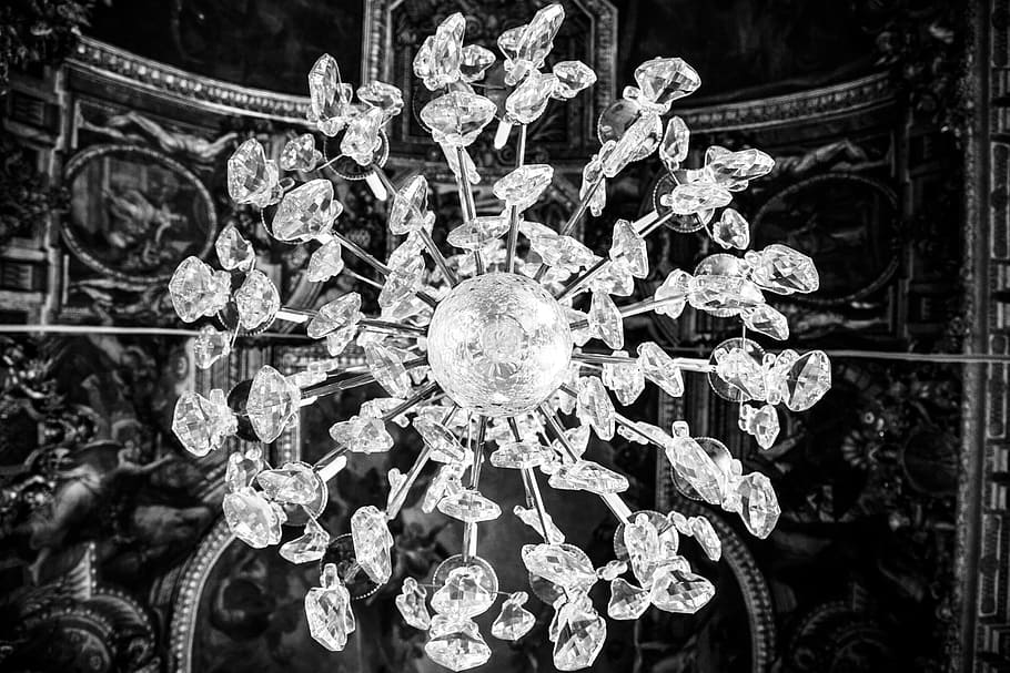 grayscale photography, crystal stone chandelier, chandelier, light, interior, design, lamp, luxury, decor, crystal