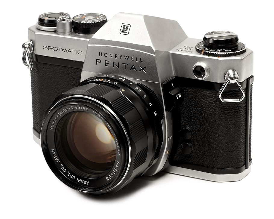 Honeywell, Pentax, Spotmatic, fundo branco, câmera - equipamento fotográfico, recortar, à moda antiga, temas de fotografia, cor preta, lente - instrumento óptico