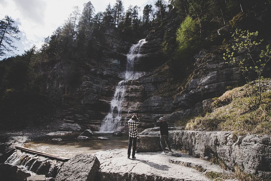 fotografando, cachoeira, montanha, pessoas, homem, fotógrafo, rio, fluxo, água, pedra