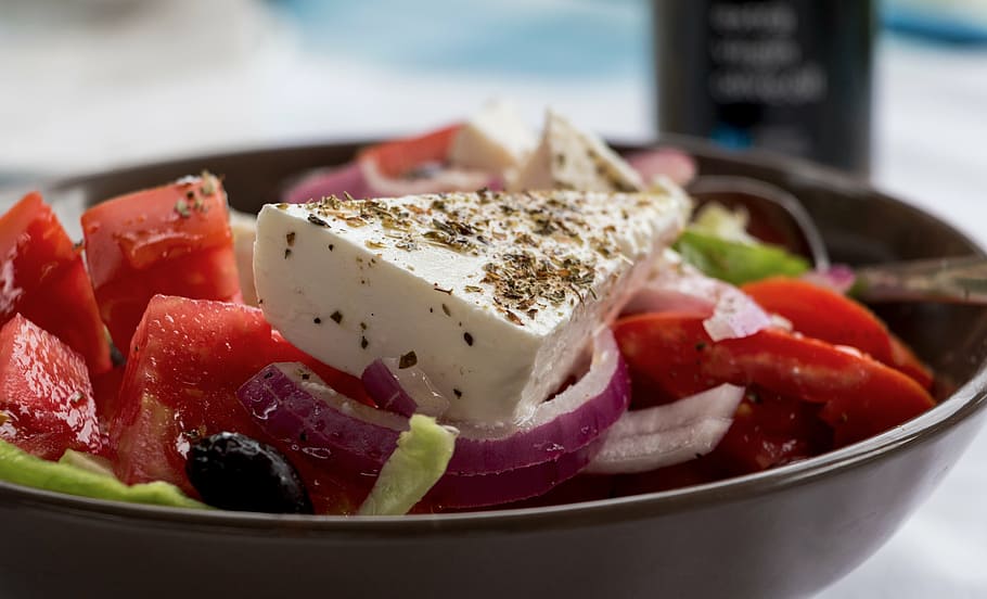 close, photography, cooked, food, brown, bowl, greek salad, feta, shell, vegetables