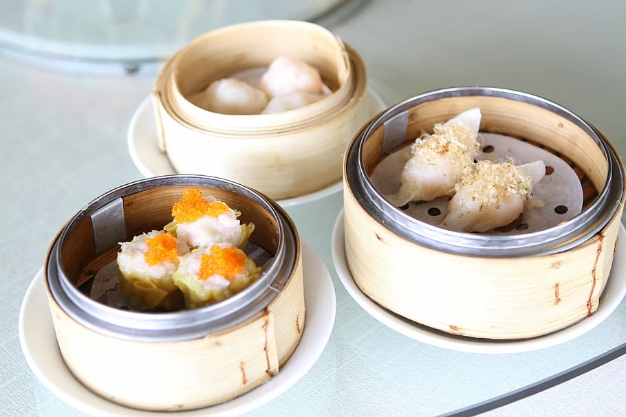three, bowls, dimsum dumplings, dim sum, har gow, chinese food, food, gourmet, meal, asia