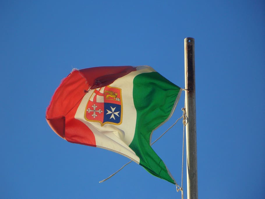 Bendera, Pukulan, Langit, Biru, Langit Biru, Italia, bendera Italia, dikibarkan, tiang bendera, tiang kapal