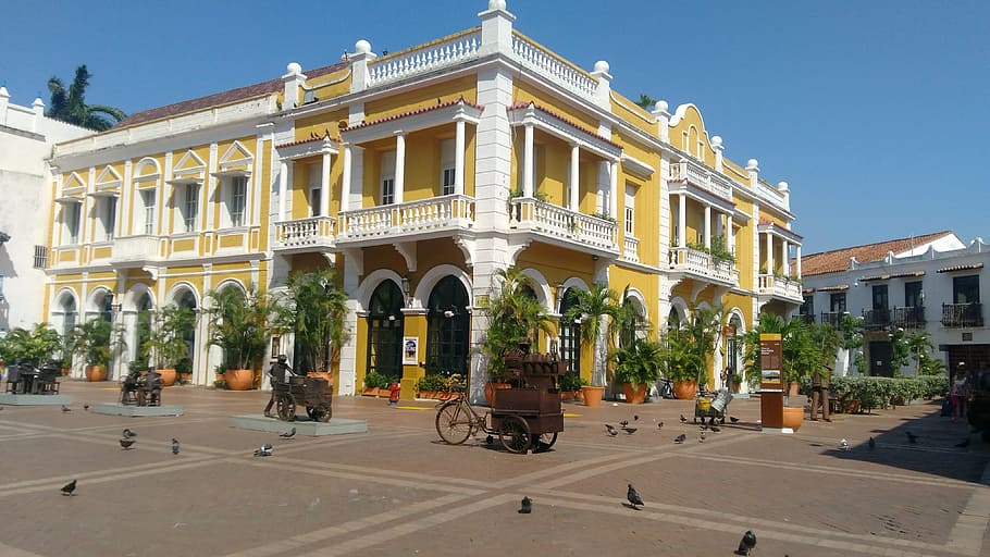 baixo, foto do ângulo, amarelo, concreto, palácio, Cartagena, Arquitetura, Colonial, edifícios, Colômbia
