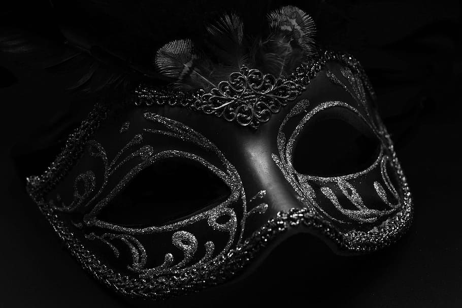 grayscale photo, silver, studded, masquerade, mask, carnival, venice, mysterious, close, romance