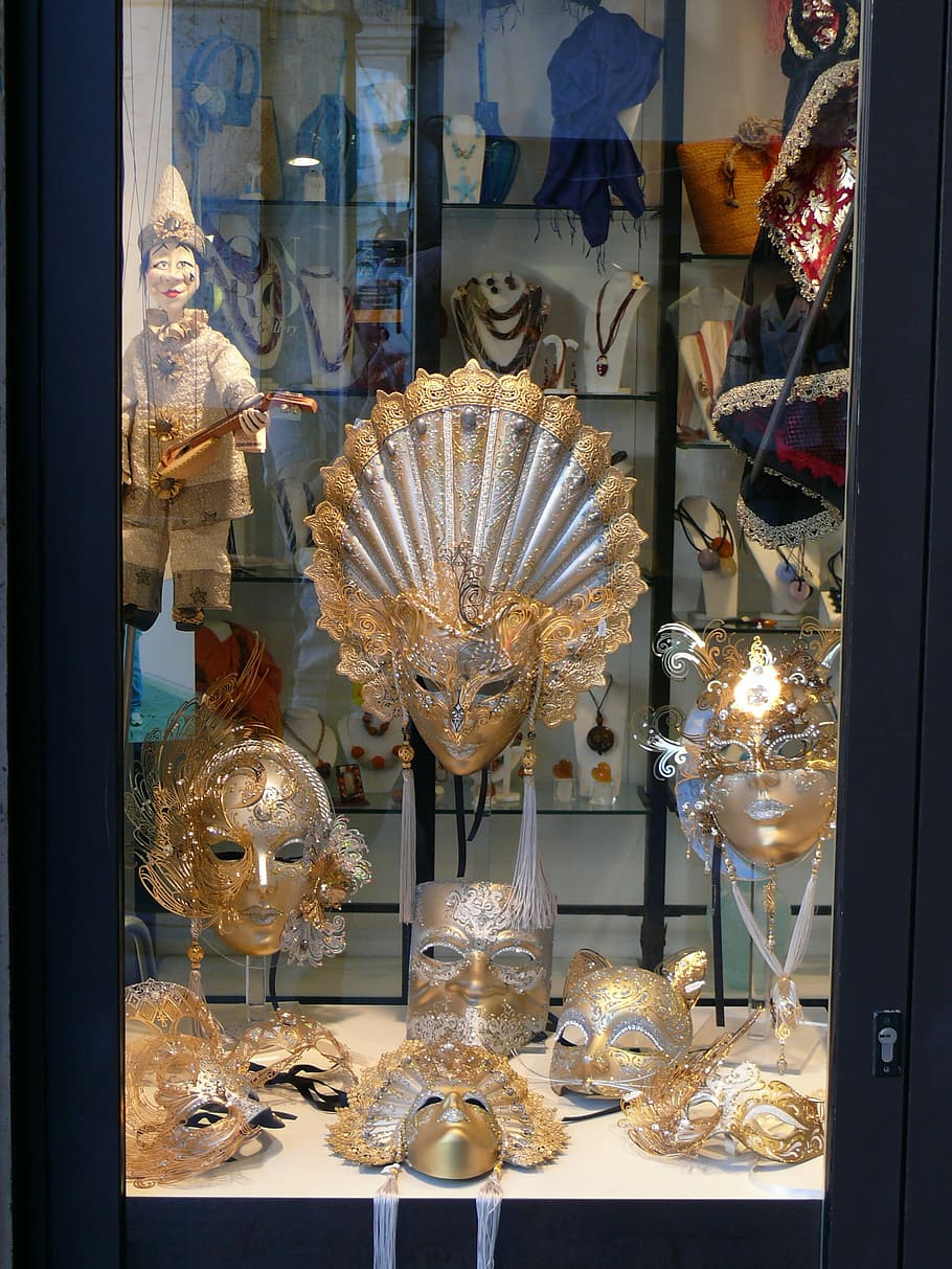 Showcase, Masks, Carnival, Venice, Italy, venice, italy, color, doré, gold, disguise