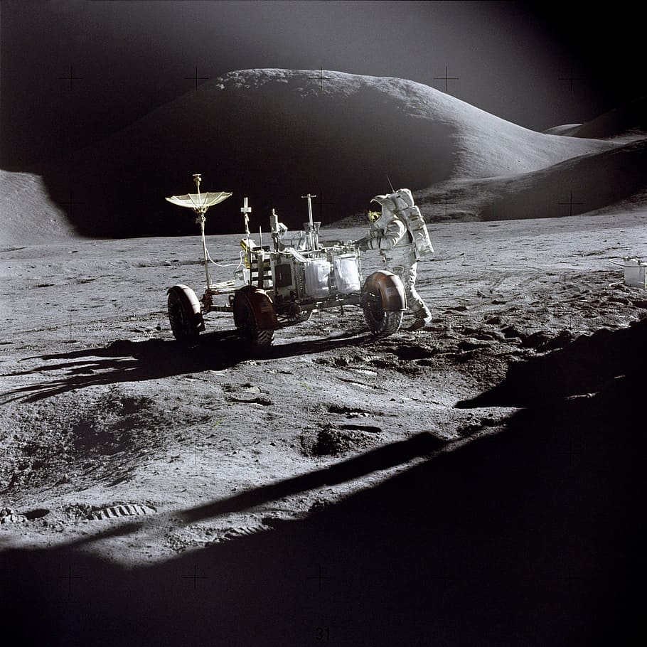 astronaut, holding, electronic, machine, wheels, outer, space, moon, moon rover, apollo 11
