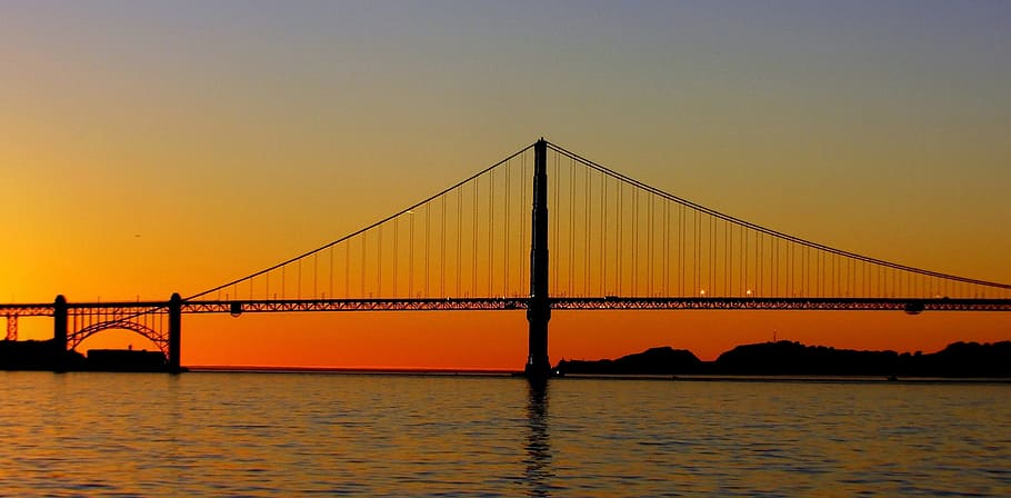 gris, hormigón, puente, dorado, hora, puente Golden Gate, puesta de sol, noche, anochecer, cielo