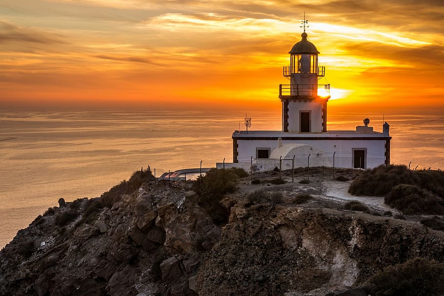 white, black, lighthouse, santorini akrotiri lighthouse, ocean, light, sunset, dusk, evening, colorful