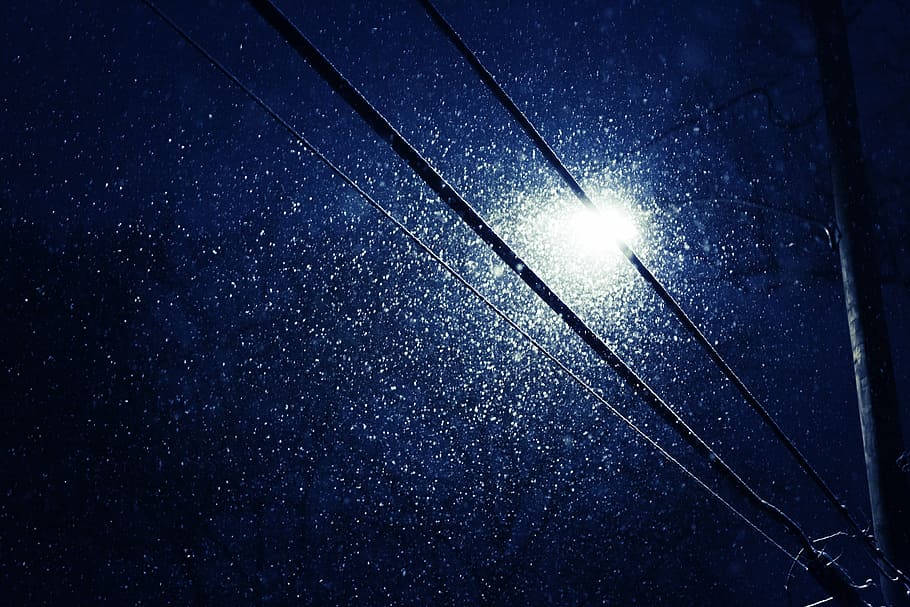 untitled, blue, surface, snow, falling, street, light, telephone, pole, night