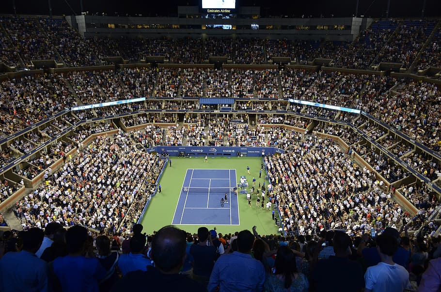 aerial, crowd, watching, tennis game, inside, stadium, tennis court