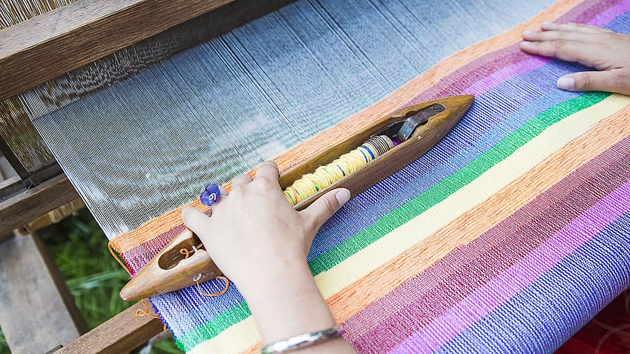 close-up, weaver, hands, weaving, machine, weaving loom, traditional, color, fiber, string