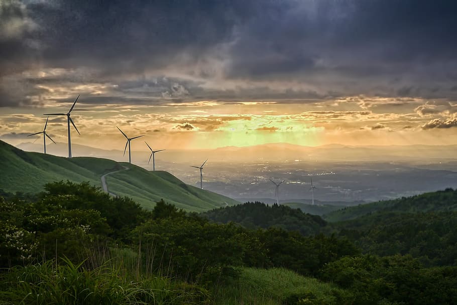 green, trees, windmill, cloudy, sky, wind power generation, japan, sunset, cloud, light