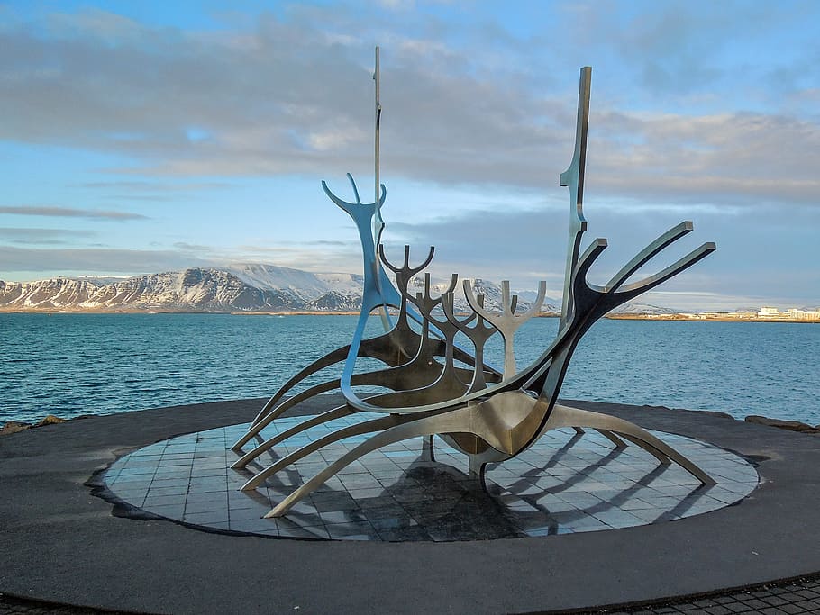 islandia, sun voyager, reykjavik, monumento, escultura, vikingo, barco, hito, mar, agua