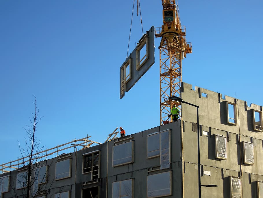 t crane, pulling, house window panel, blue, sky, construction site, building, vantaa, finnish, to build a