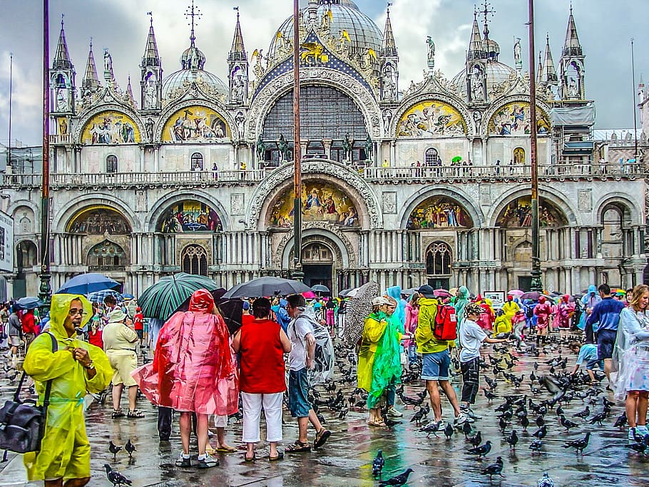 people wearing raincoat, venice, rain, raincoat, italy, weather, cathedral, san marcos, st marks, square