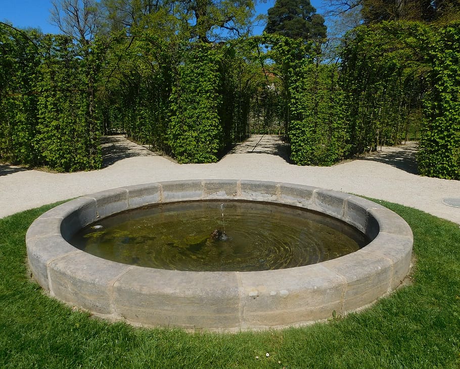 fountain, labyrinth, green, course, romantic, park fantaisie, germany, upper franconia, bavaria, garden
