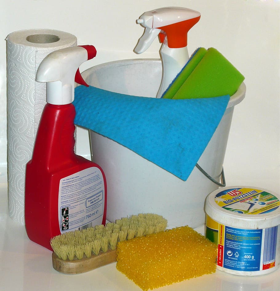 assorted, bathroom cleaning equipment, set, clean, make clean, cleaning material, frühjahrsputz, cleanliness, indoors, container