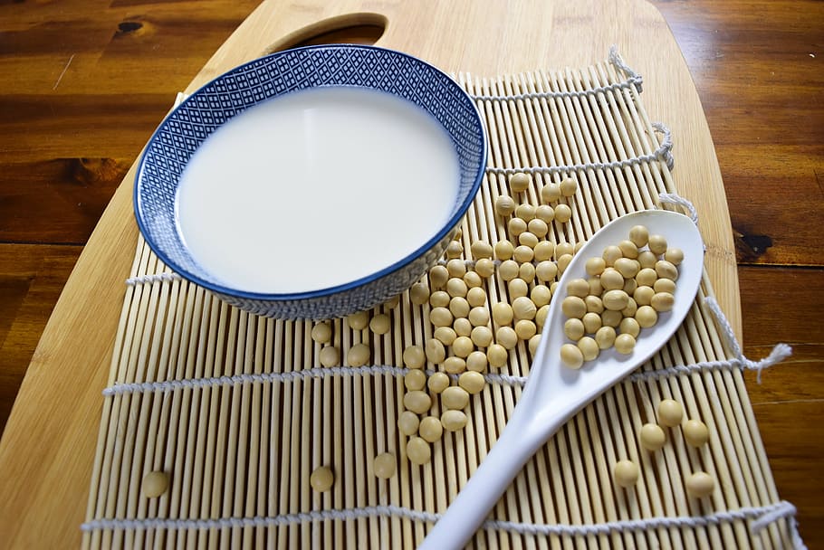 spoon, soya bean, blue, bowl, soy, soybean, soy milk, 黄豆, 豆浆, food
