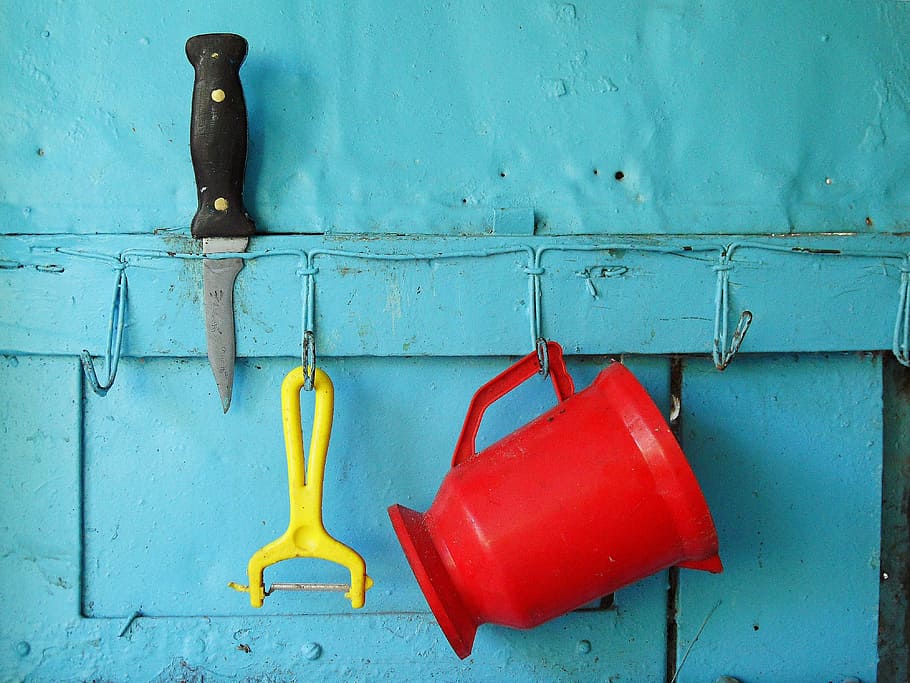 red, plastic pitcher, yellow, peeler, knife, color, tools, campaign, potato peeler, azienda agricola