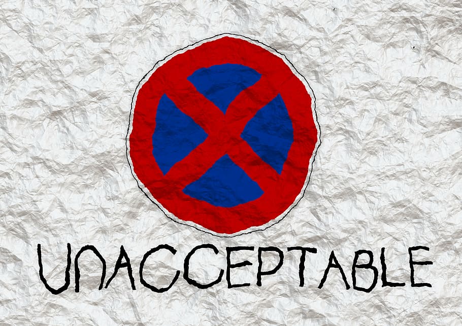 red, blue, unacceptable, logo, paper, wall, structure, ban, font, ruffled