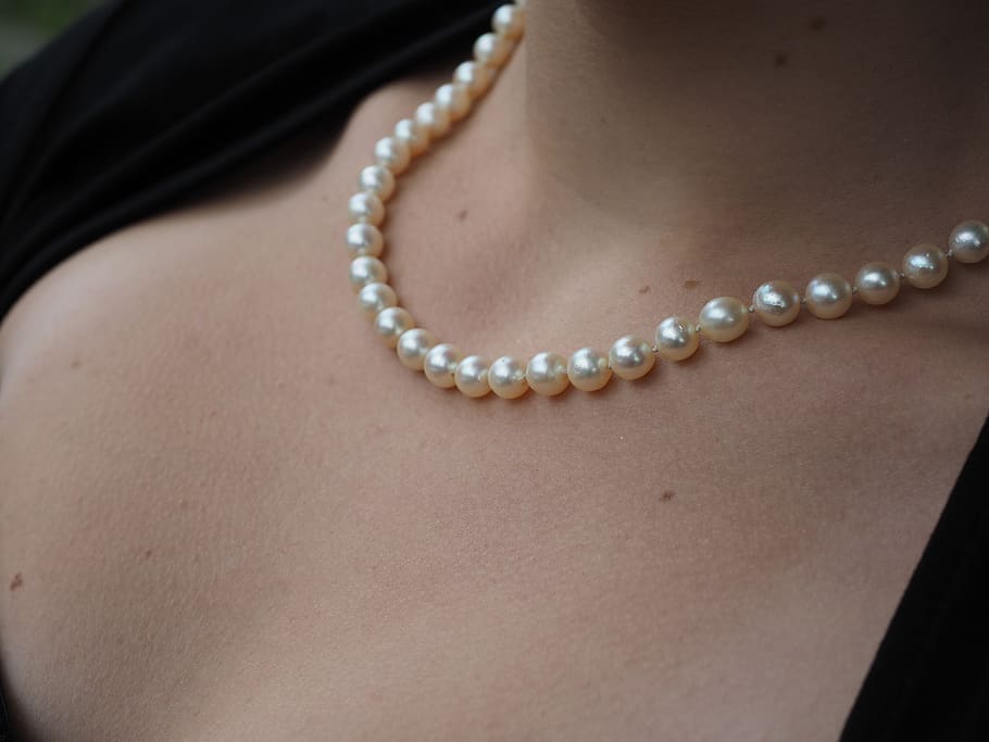 cadena, collar de perlas, gotas, joyería, collar, mujer, brillante, hermoso, amor, una persona