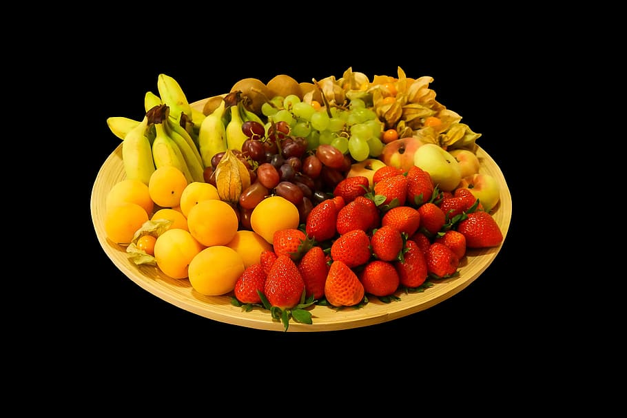 eat, food, fruit, vitamins, fruit basket, fruit bowl, strawberries, banana, lici, grapes