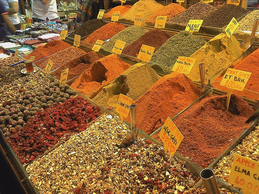 assorted powders, spices, food, kitchen, market, istanbul, dealer, curry, turkey, business