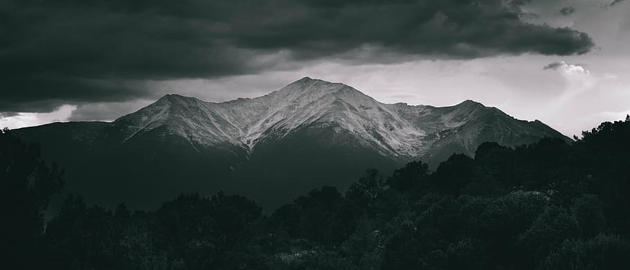 silhouette, trees, mountains, black, white, landscape, mountain, highland, valley, clouds