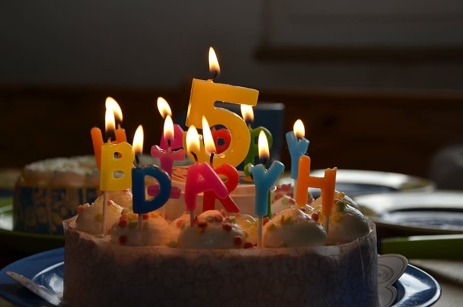 cake, birthday, birthday cake, celebration, children's birthday, five, candles, table, party, table decoration