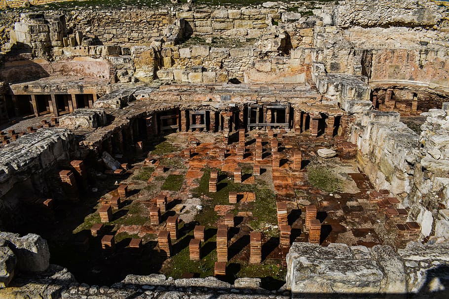 gray, concrete, building low-angle photography, cyprus, kourion, ancient, site, mediterranean, architecture, roman baths