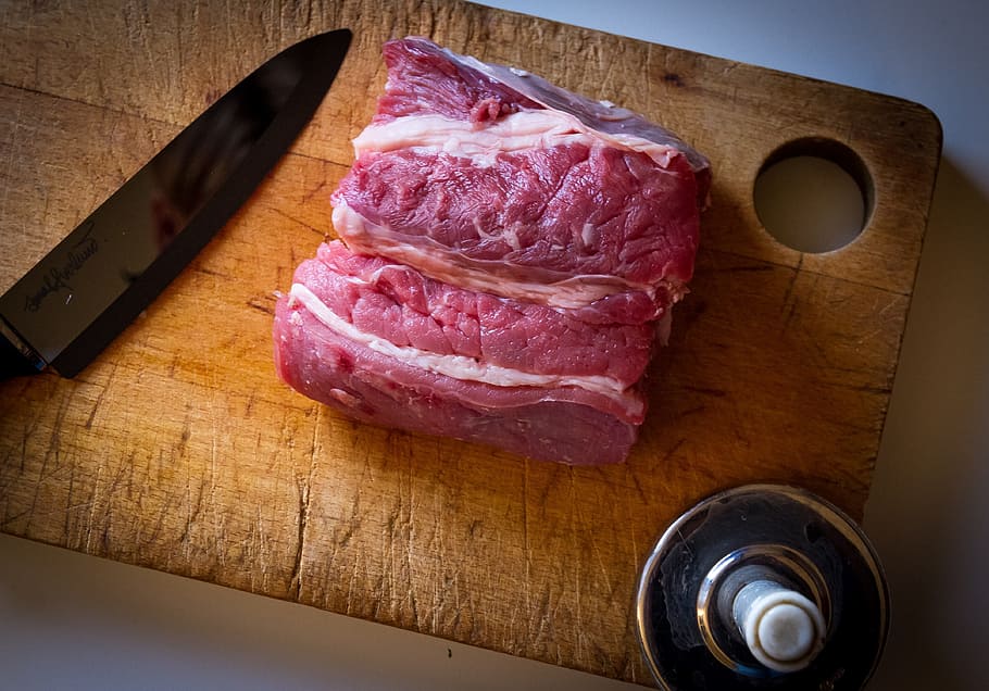 raw, meat, brown, wooden, chopping, board, besides, black, kitchen knife, wood