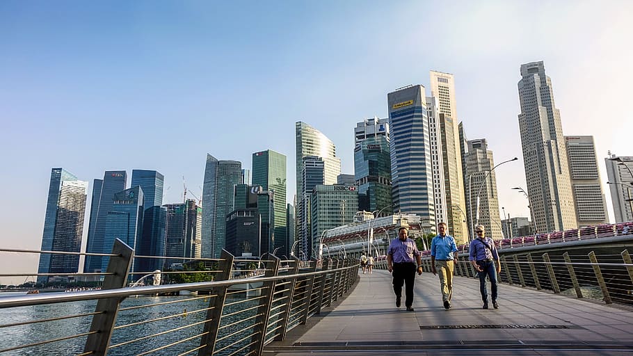 three, men, walking, gray, concrete, bridge, daytime, singapore, singapore river, jubilee bridge