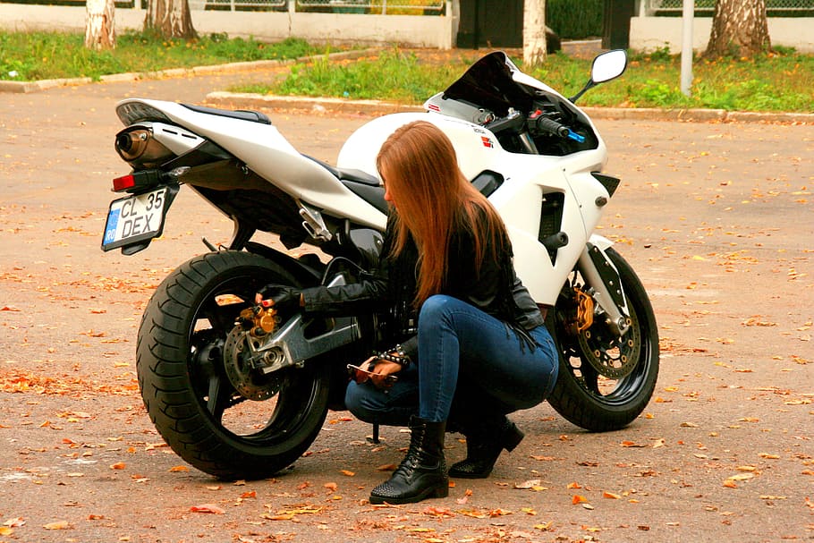 woman, kneeling, sport bike, girl, motorcycle, leather jacket, ride, biker, blonde, beauty
