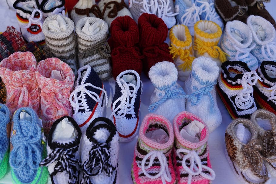 bebê, sapatos, colorido, tricô, criança, fertilidade, clínica, vale do Danúbio, mexer, passatempo